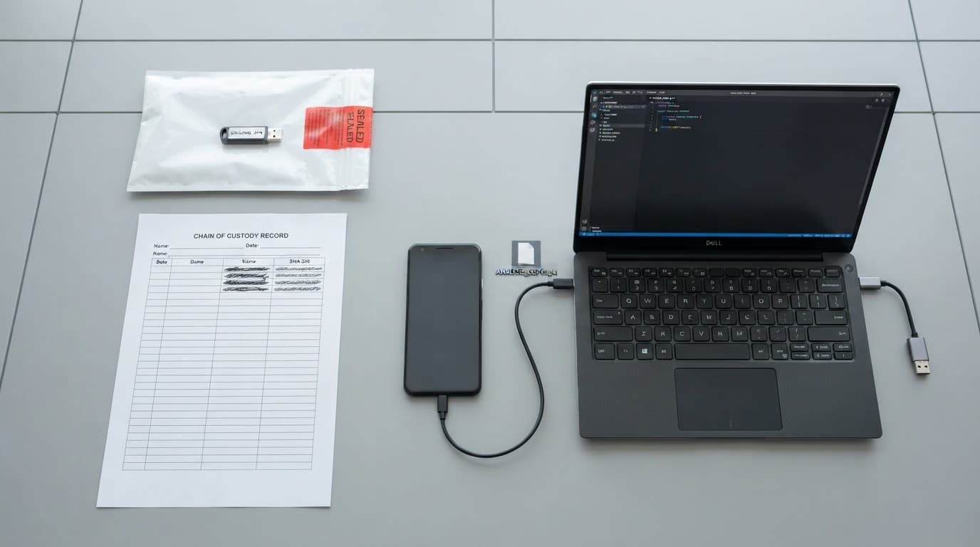 An Android phone and laptop beside sealed evidence packaging and APK sample records.