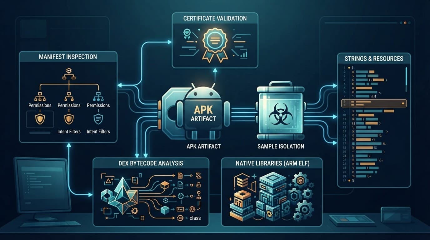 Sealed APK sample connected to panels for certificates, DEX code, permissions, and native libraries.
