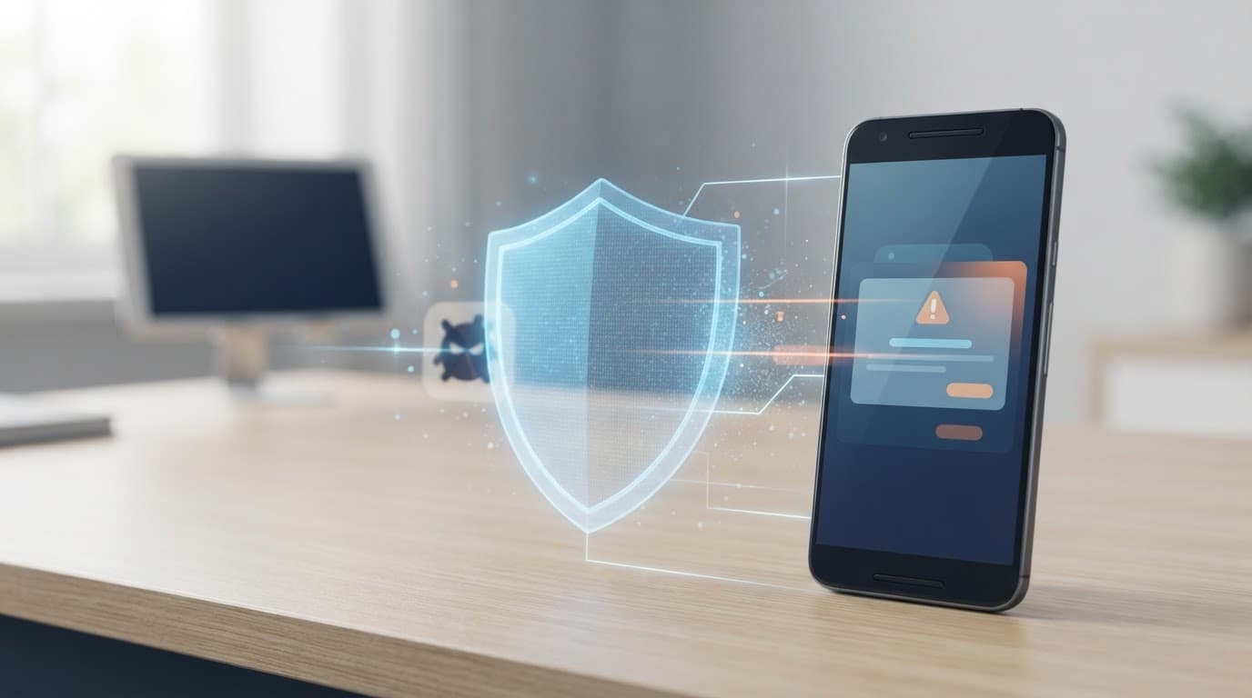 Android phone with a security warning and shield blocking a suspicious app.