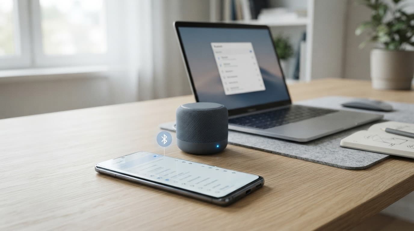 An Android phone beside a Bluetooth speaker and laptop with an abstract settings screen.