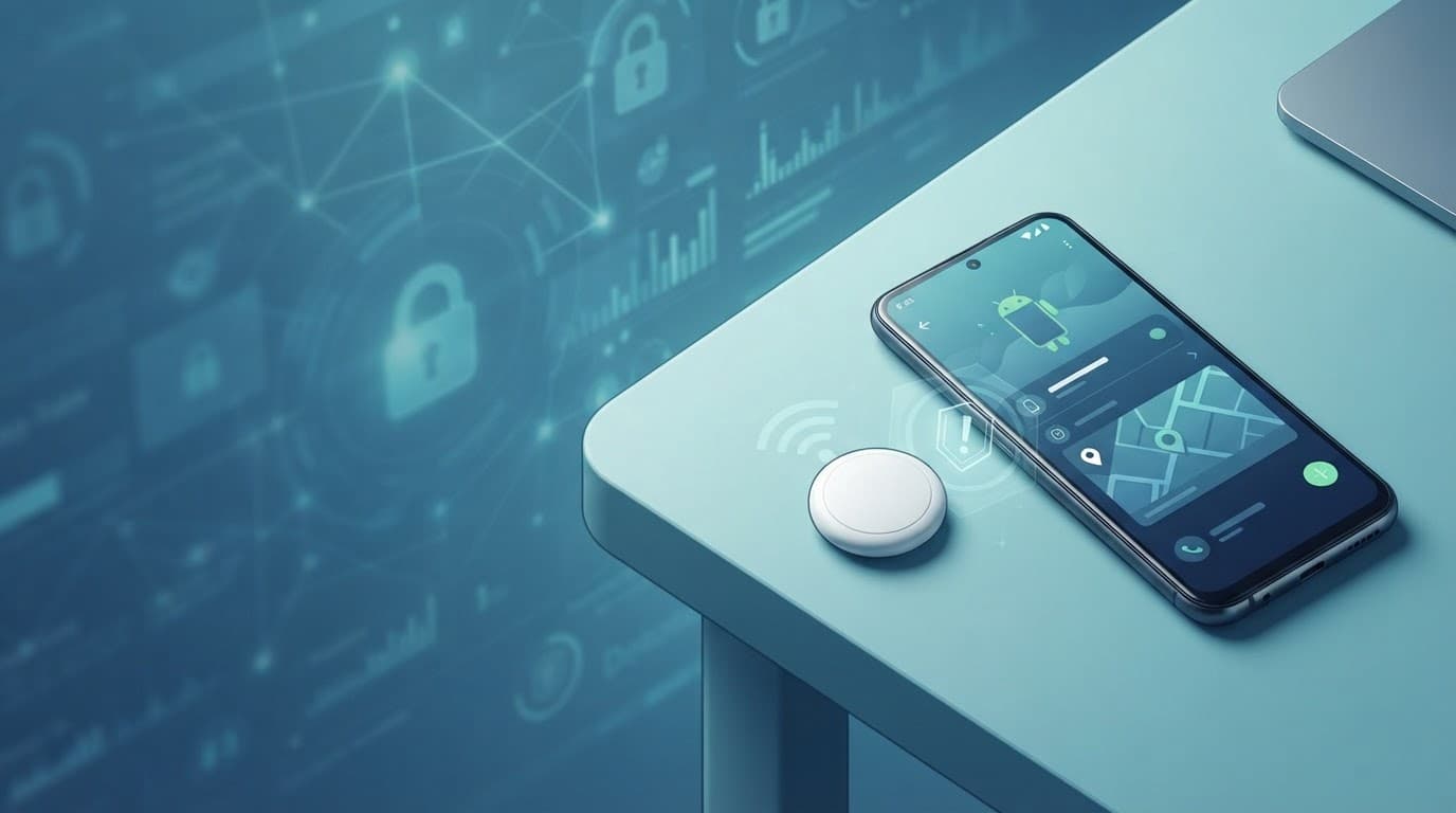 An Android-style phone beside a Bluetooth tracker with wireless signal arcs and a warning symbol.