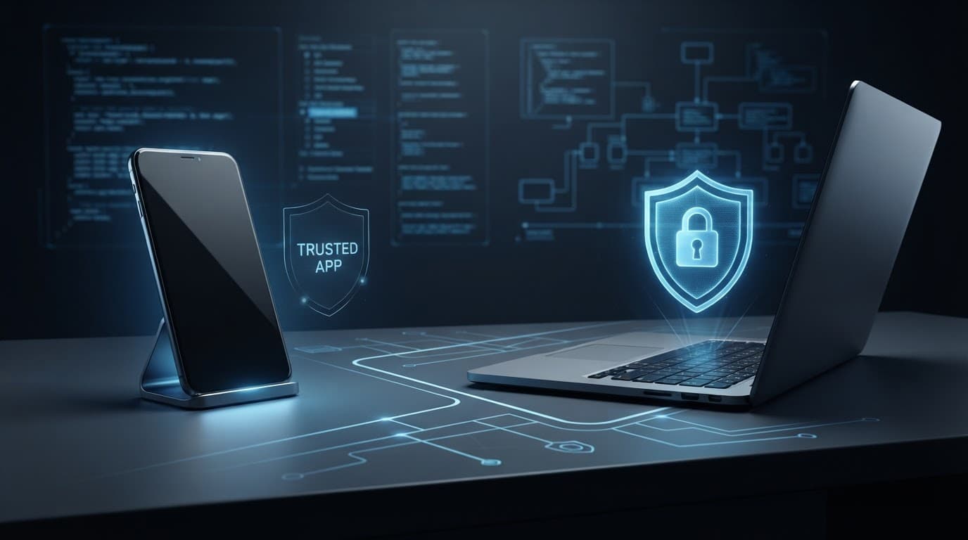 A smartphone and laptop illustrate secure separation between an app and web content.