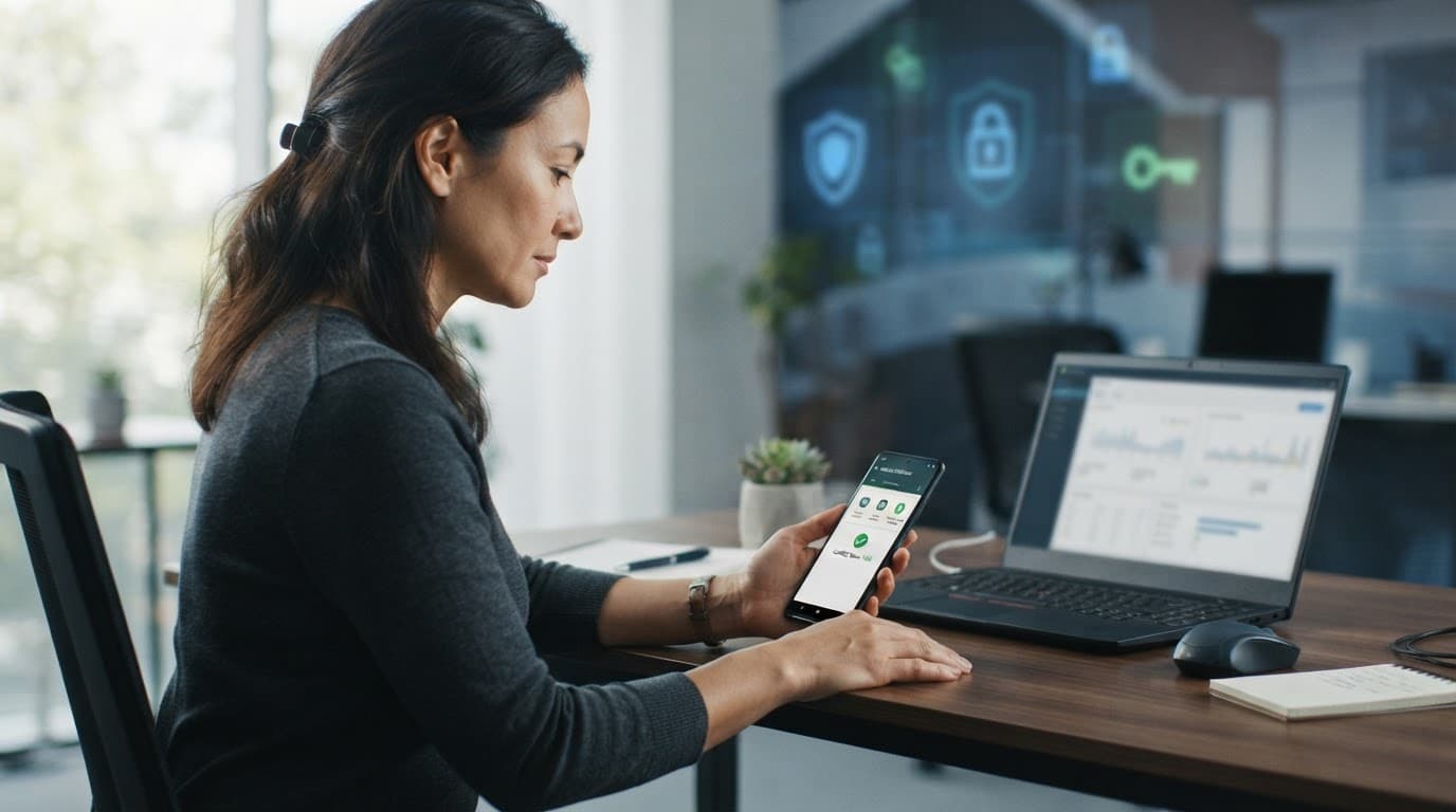 An IT administrator checks an Android phone beside a laptop at a desk.