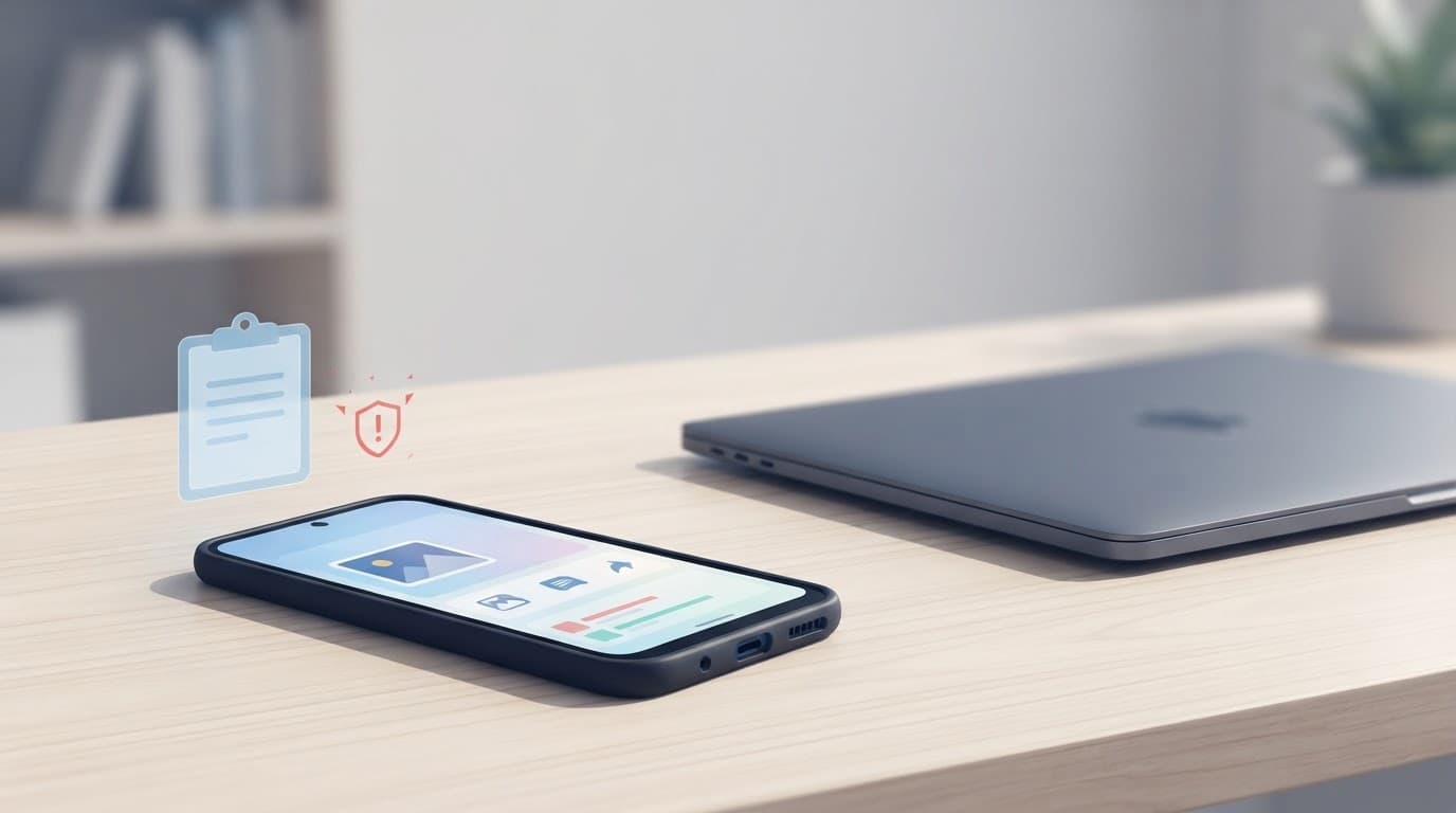 Android phone beside a blurred laptop with a clipboard icon and privacy warning.