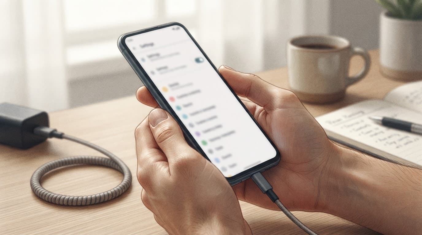 Two hands hold an Android phone beside a charging cable on a desk.