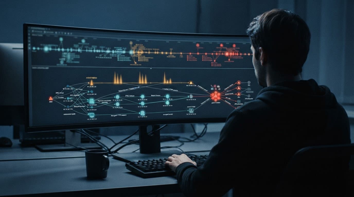 Analyst viewing a blurred monitor with malware traffic patterns and connected alerts.