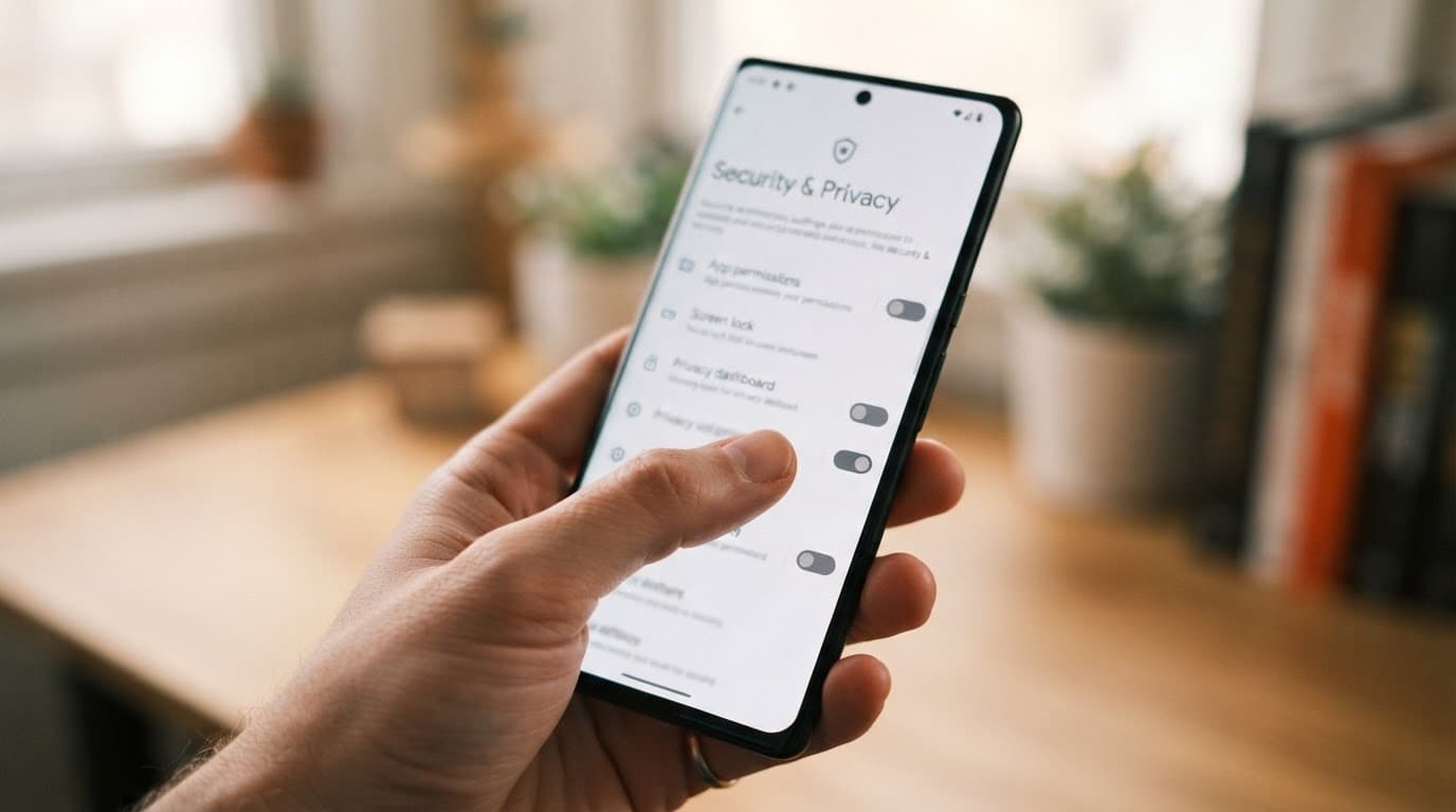 Close-up of an Android phone showing security and app permission settings.