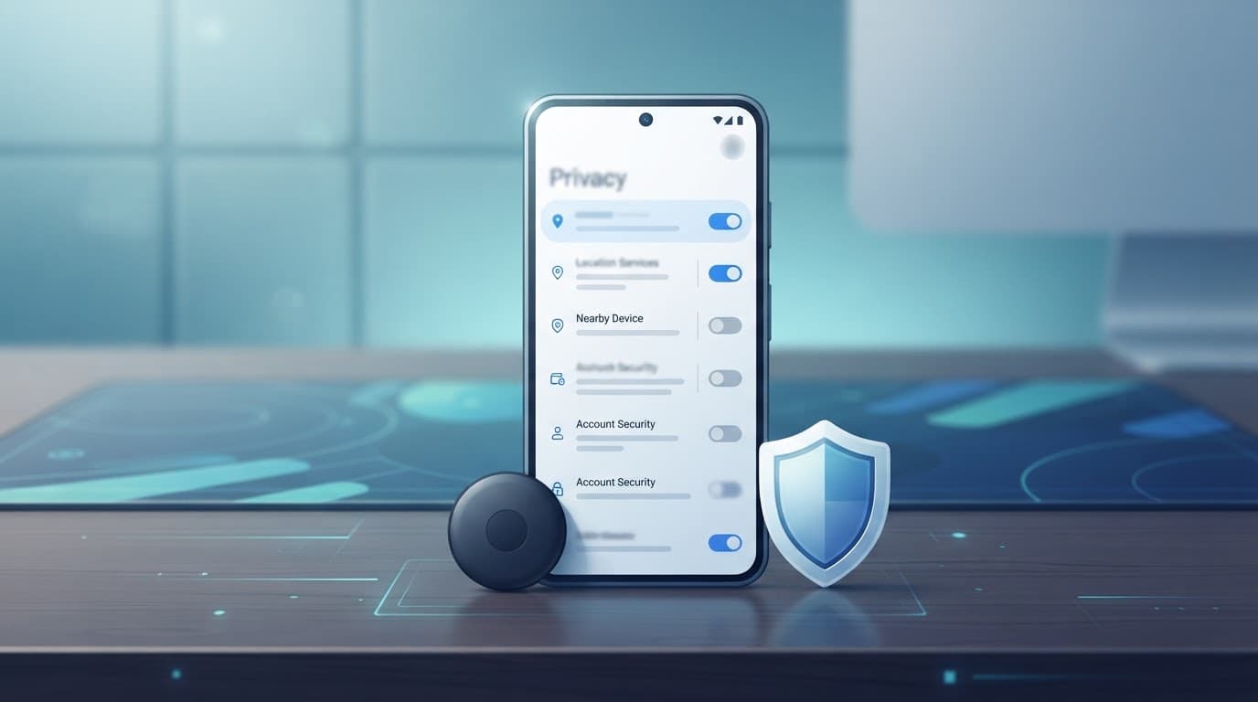Android-style phone with privacy controls, a Bluetooth tracker, and a shield icon.