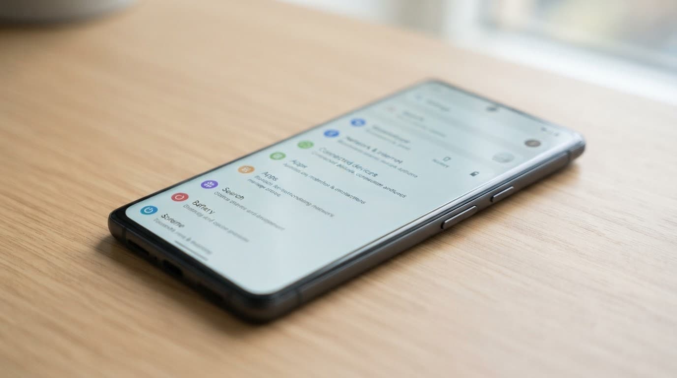 Android phone showing a softly focused settings menu on a clean desk.