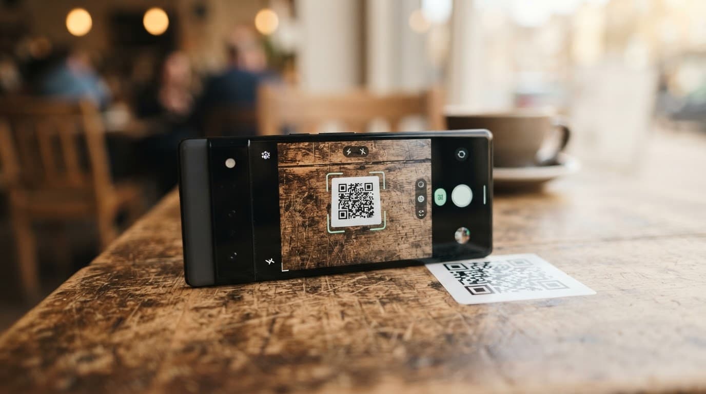 Android phone camera aimed at a QR code sticker on a wooden table.