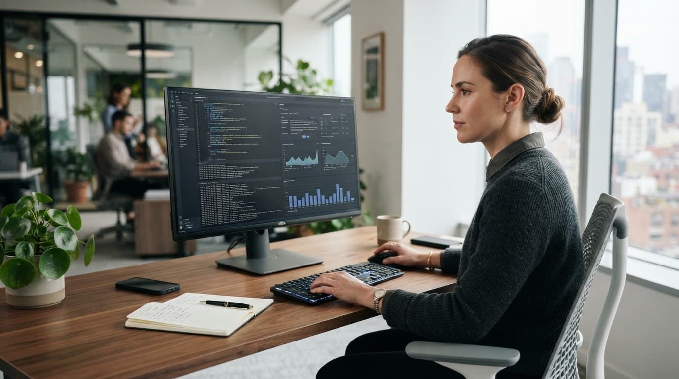 A cybersecurity professional reviewing security logs on a monitor at a clean office desk.