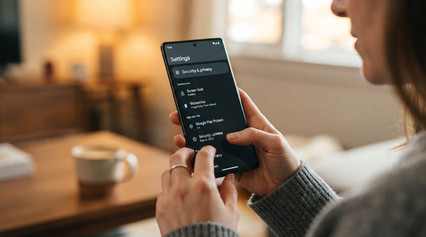 A person holding an Android phone with security and notification settings open.