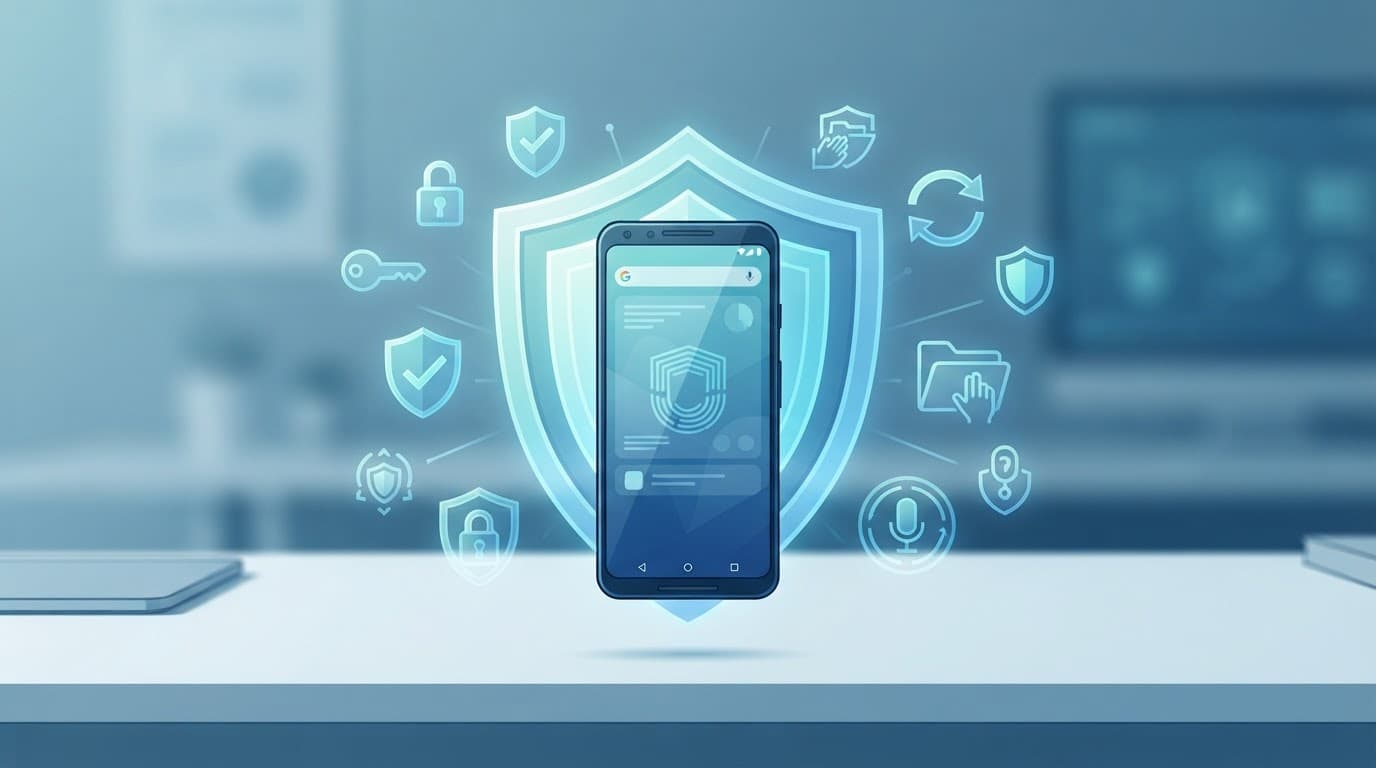 An Android phone surrounded by layered shields and privacy symbols.