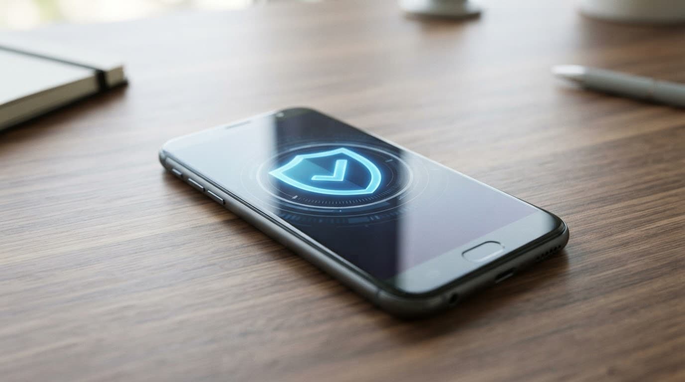 A smartphone showing a security shield on a clean desk.