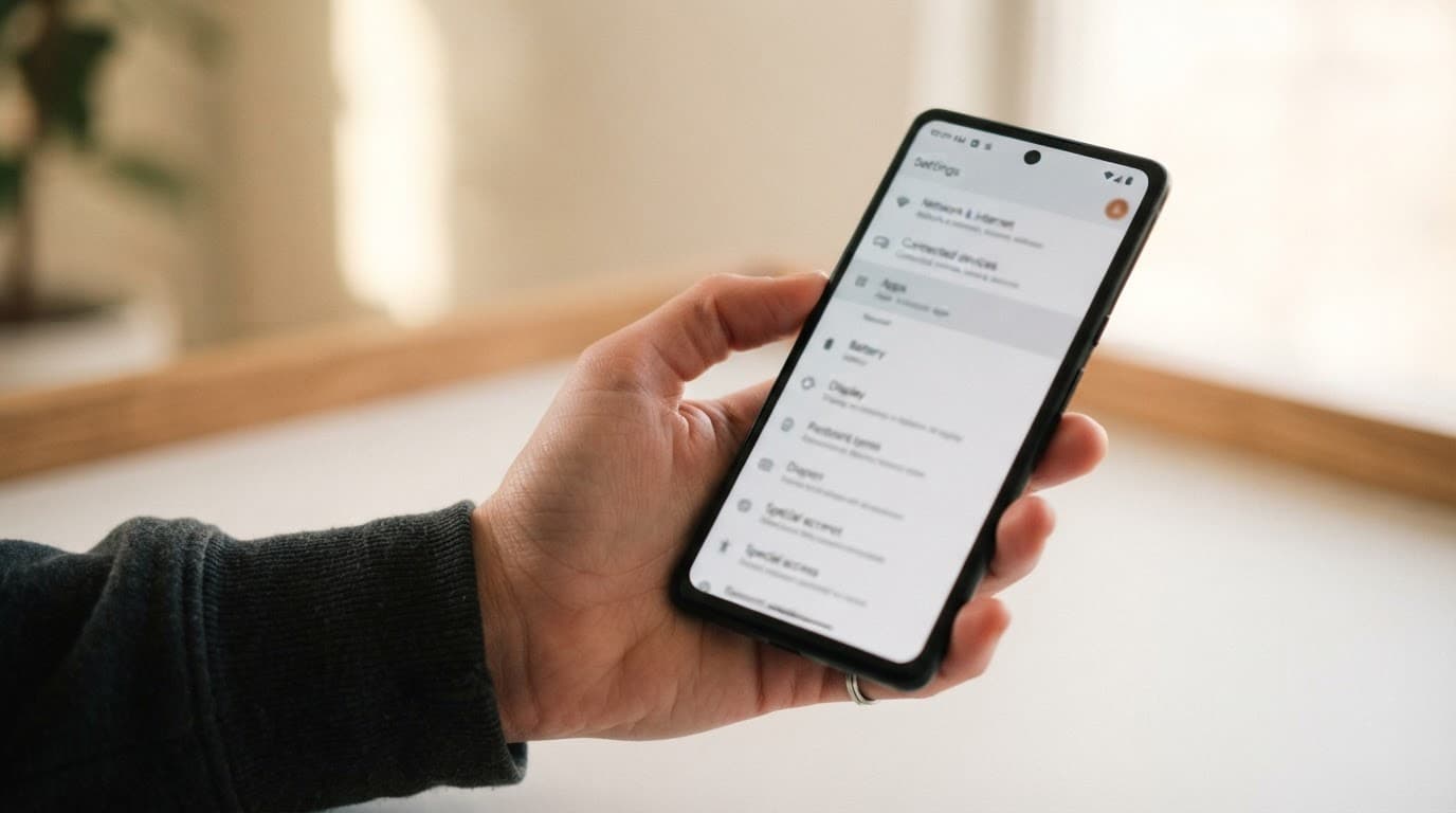 A hand holds an Android phone showing a settings menu against a plain background.