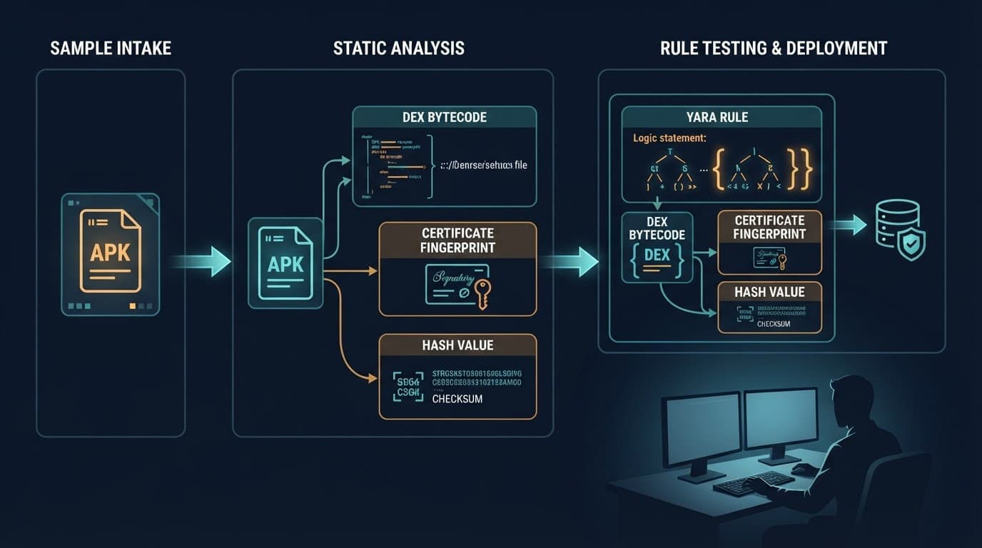 A cybersecurity diagram shows an Android sample moving through static analysis and YARA testing.