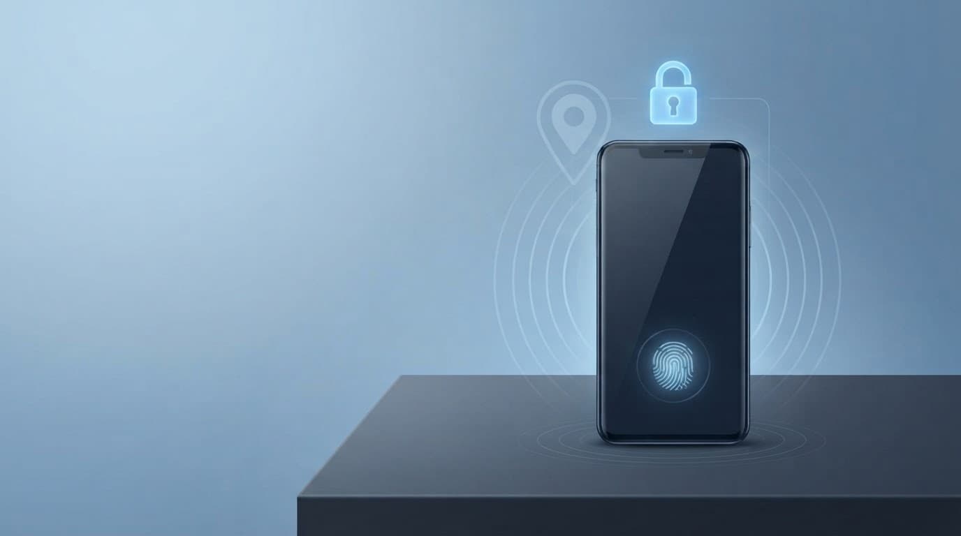 Android phone with padlock, location pin, fingerprint, and remote-lock symbols.