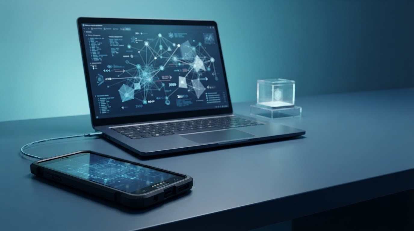 Protected Android phone beside a laptop showing abstract malware threat data in a blue-lit lab.