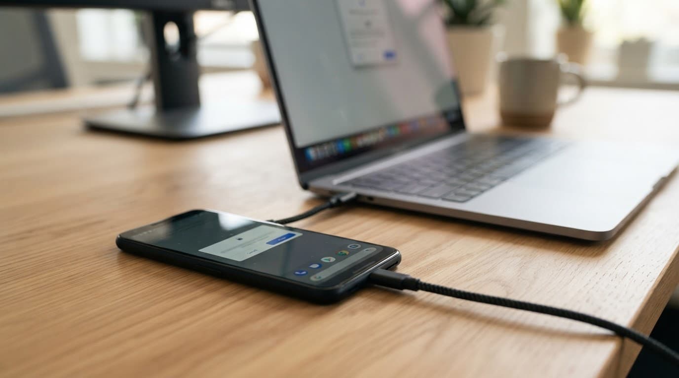 Android phone connected to a laptop by a USB cable with a security lock icon.