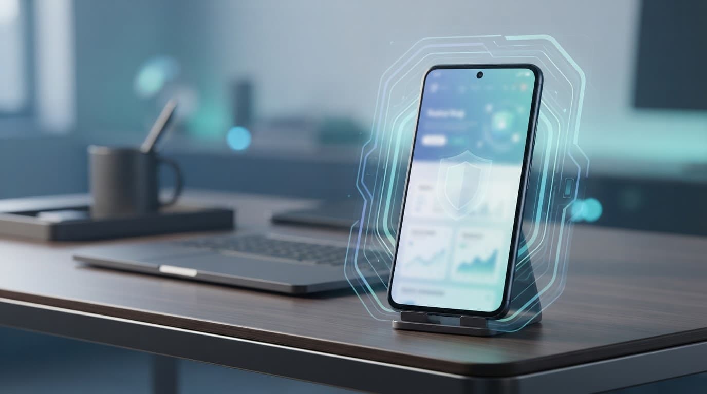 Android phone showing a blurred secure interface with shield lines on a blue-toned desk.