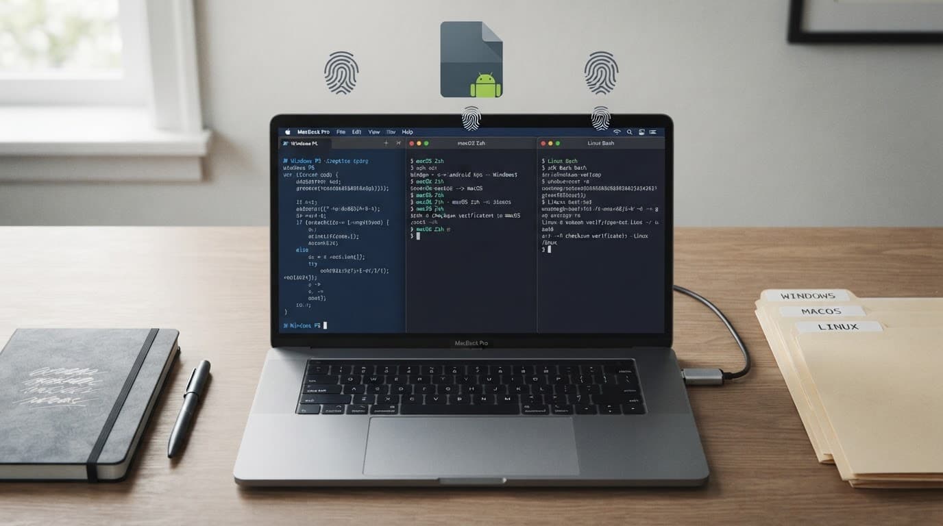 Laptop showing three terminal panels, an APK icon, and matching fingerprints.