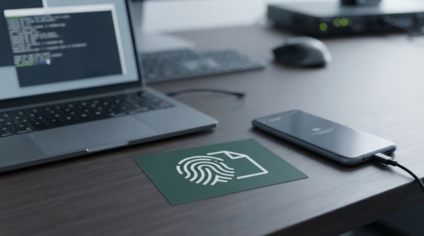 Laptop and Android phone beside an APK symbol and fingerprint icon for verification.