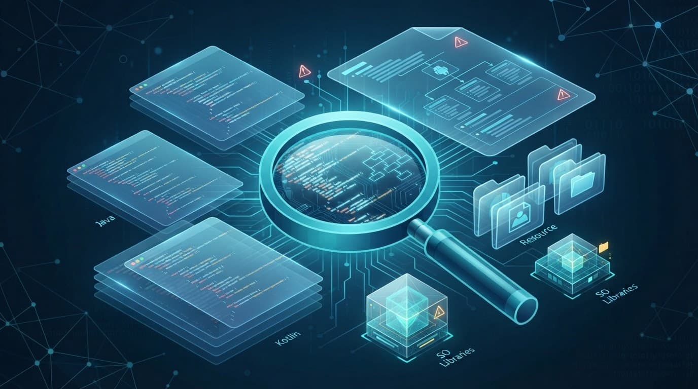 Layered Android package files surround a magnifying glass in a blue and teal infographic.