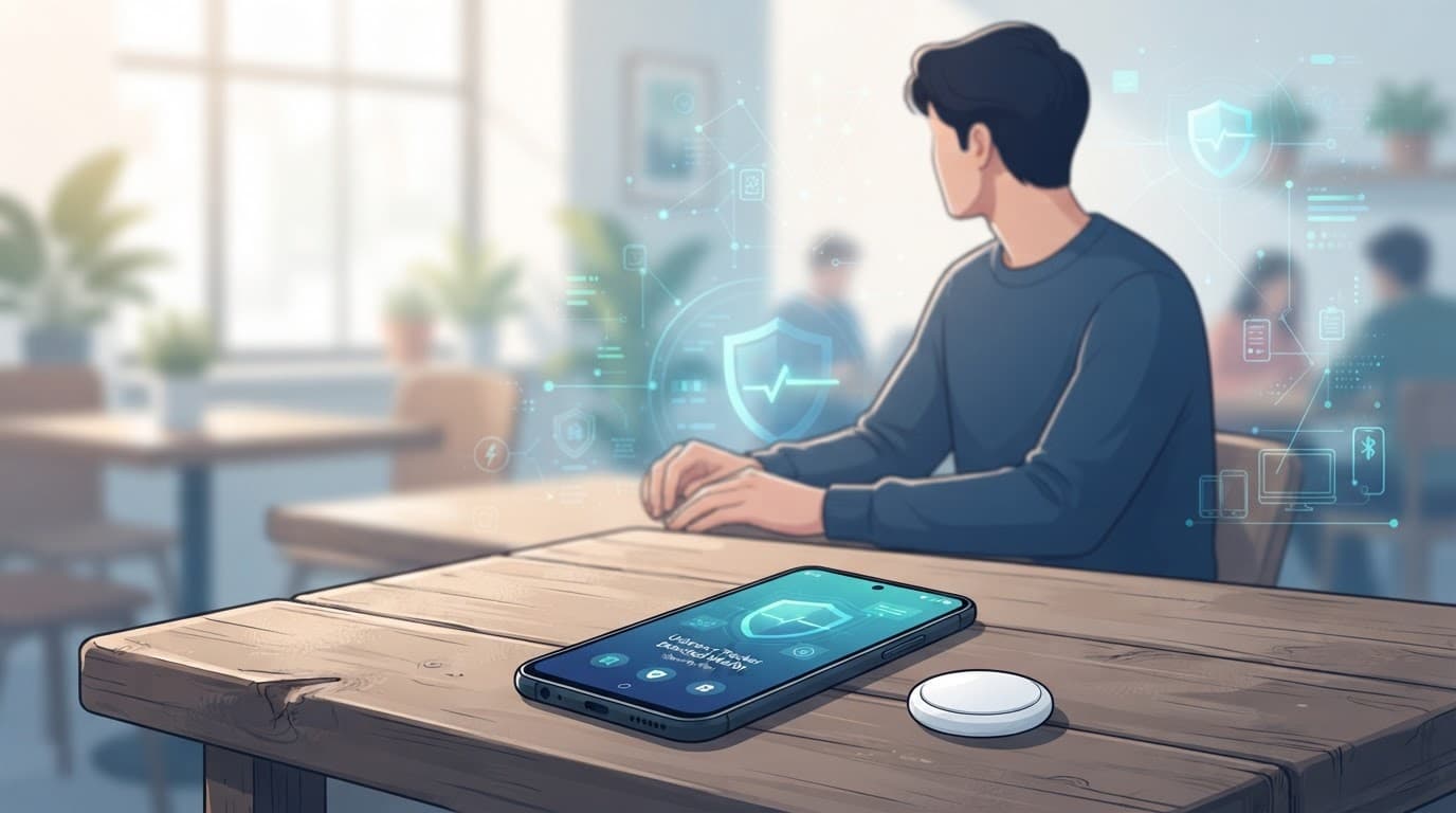 A phone and tracker on a cafe table with one person in the background.