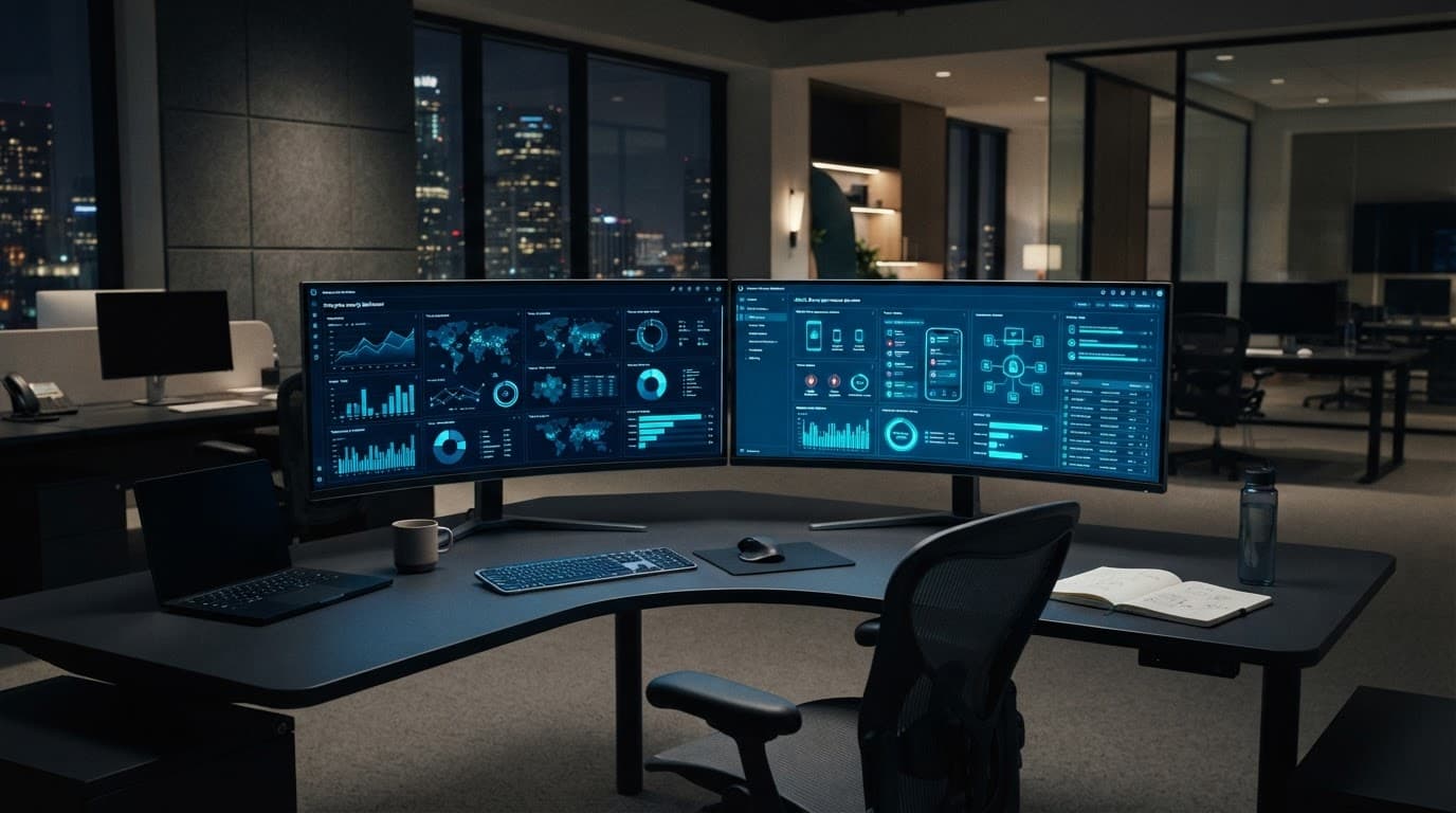 Dual monitors showing blue security dashboards on a minimalist office desk.