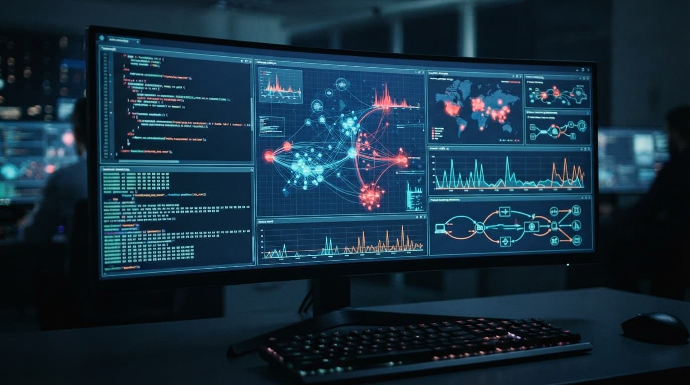 A monitor shows abstract code and analytics graphs in a dark security office.