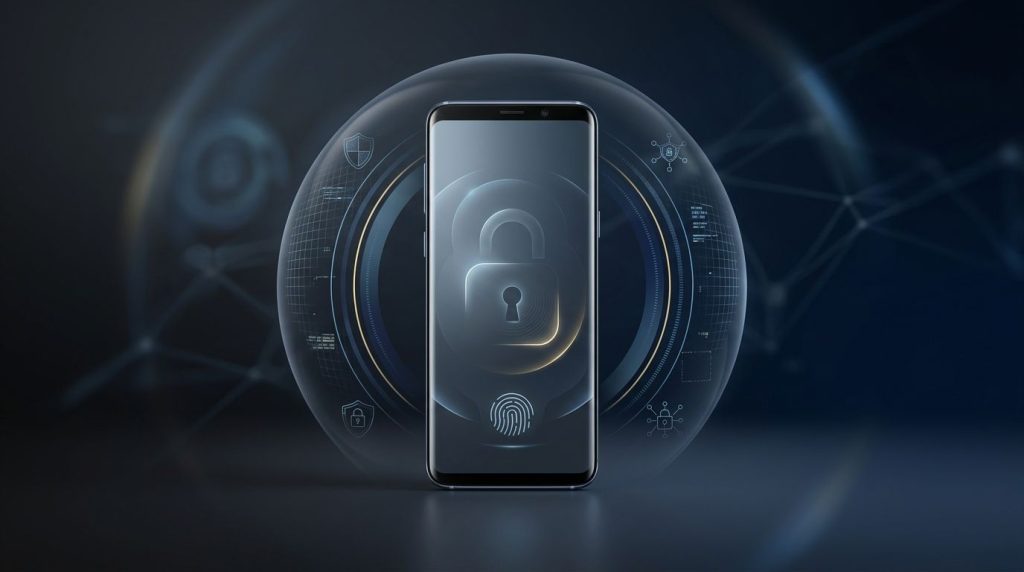 An upright Android phone surrounded by a glowing shield and security rings.