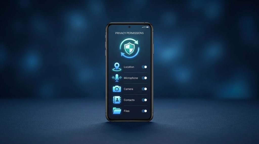 Android phone displaying privacy icons with a security shield and update arrow.