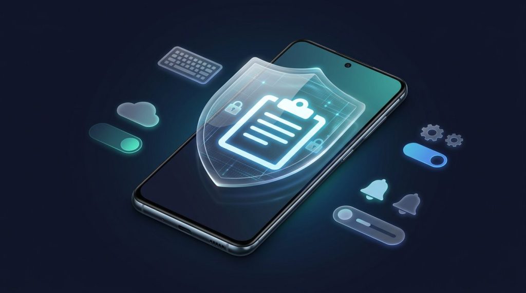 Android phone showing a protected clipboard symbol with privacy icons.