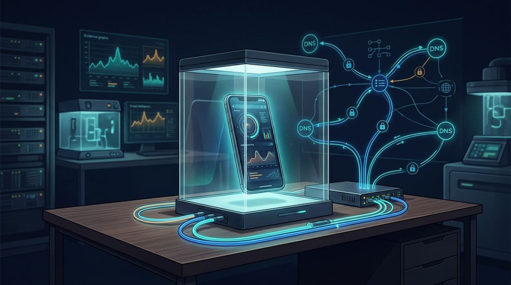A glowing smartphone emulator sits in an isolation chamber beside a network monitoring gateway.