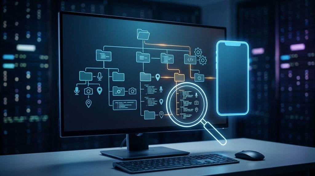 A monitor displays an abstract Android APK diagram beside a glowing smartphone and magnifying glass.