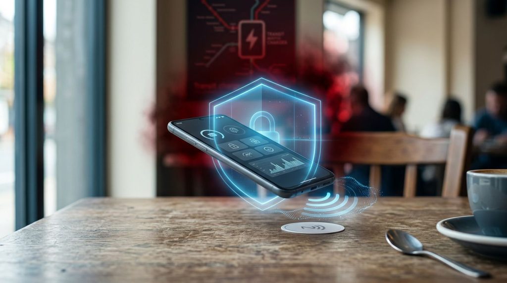 Android phone hovering over an NFC sticker with a blue security shield.