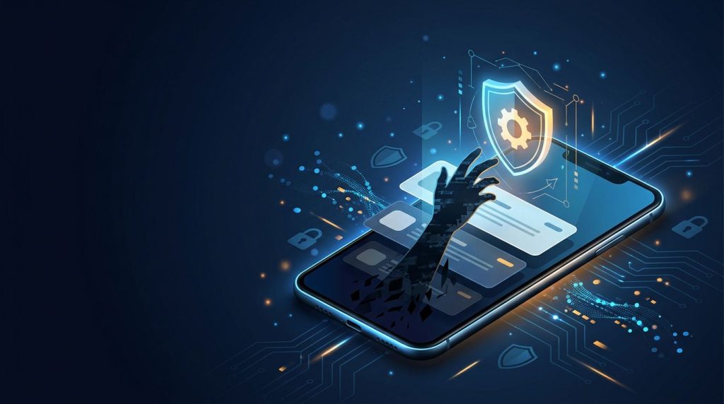 A smartphone shows notifications, a glowing code symbol, and a shadowy app figure.