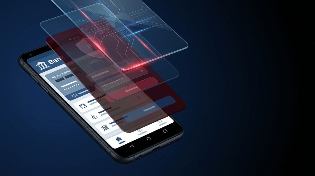 An Android phone shows a banking app covered by a glowing deceptive overlay.