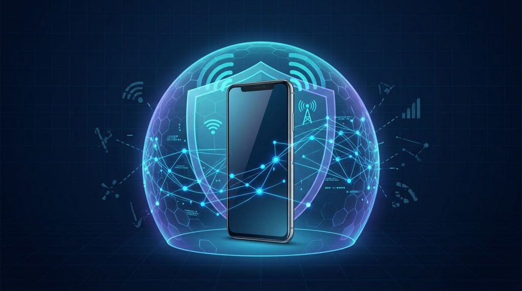 Android phone inside a glowing shield with blue network connections.