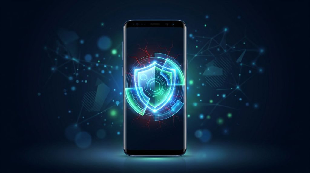 A smartphone displays a glowing shield with layered security patches against a dark background.