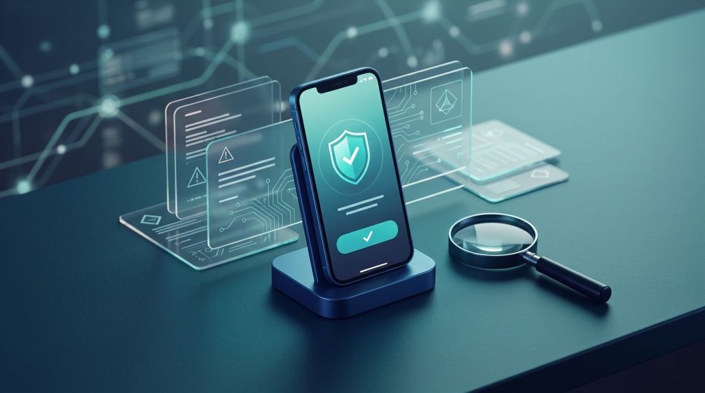Android phone showing security icons beside a magnifying glass and abstract evidence cards.