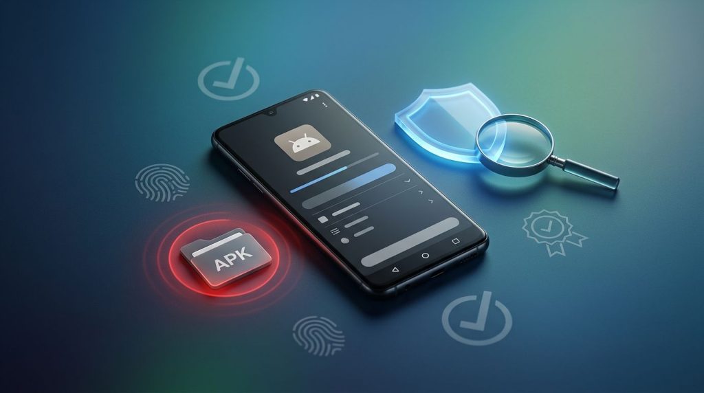 Android phone beside a security shield, magnifying glass, and suspicious APK icon.