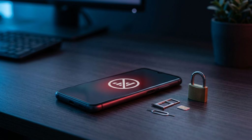 A smartphone, SIM card, tray, and padlock sit on a dark desk with blue and red lighting.