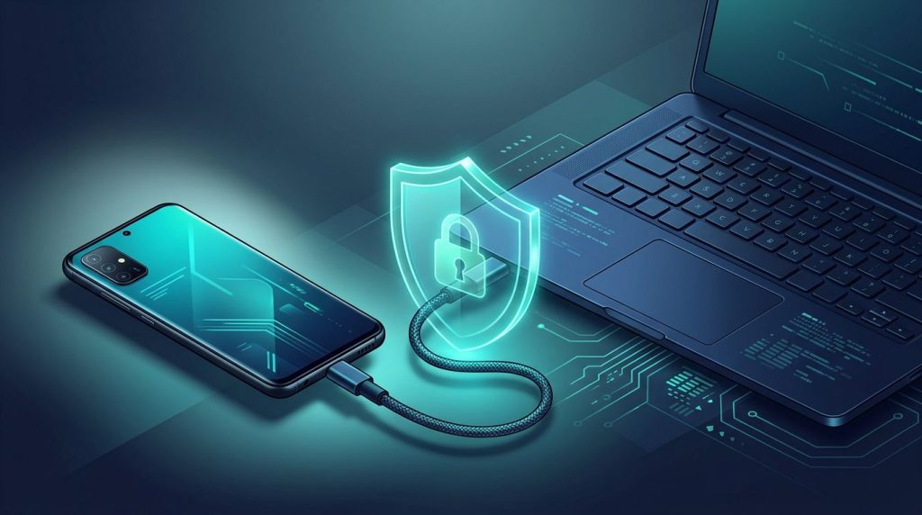 Android phone linked to a laptop with a glowing shield protecting the USB connection.