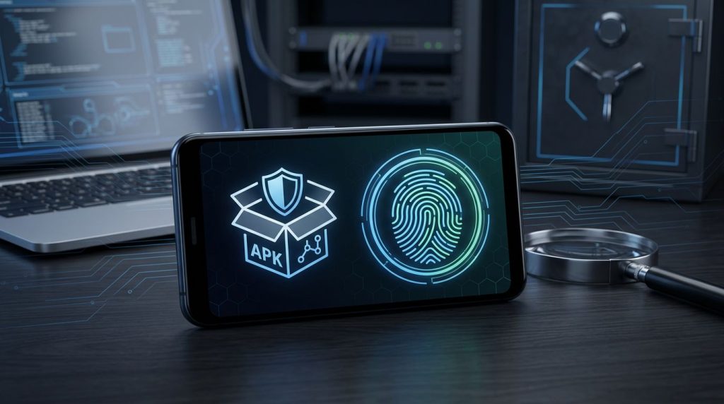 Android phone beside a glowing fingerprint pattern on a cybersecurity workstation.