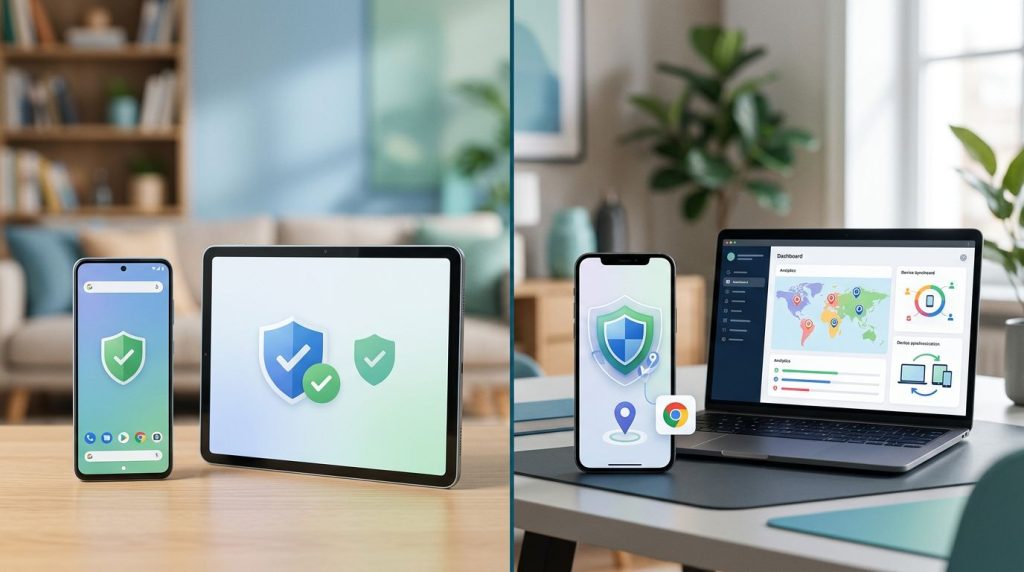Split-screen phones, tablet, and laptop represent Android parental controls and family monitoring.