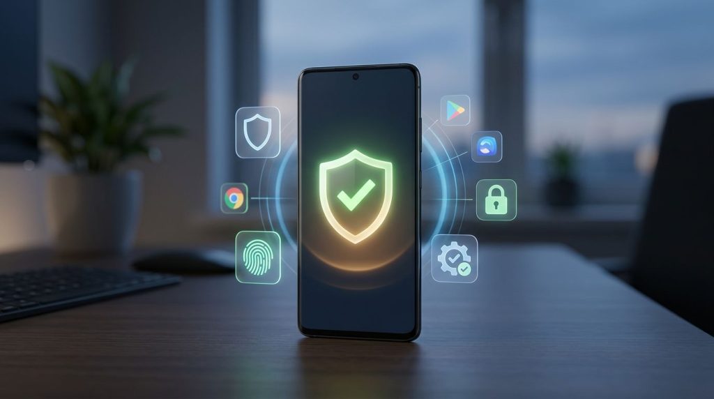Android phone displaying a glowing shield and checkmark with security icons around it.