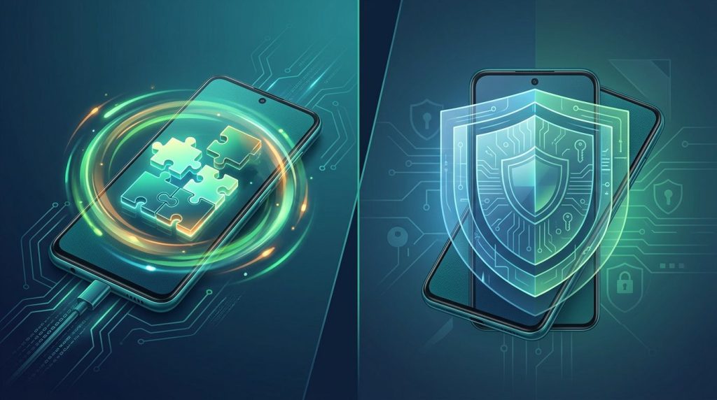 Split-screen smartphone showing colorful updates on one side and a digital security shield on the other.