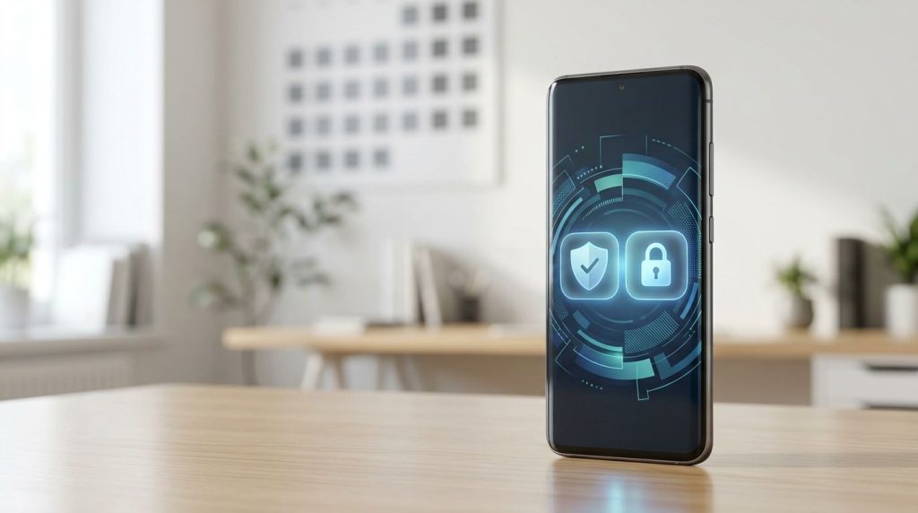 Android phone showing abstract security symbols in a blue and teal workspace.
