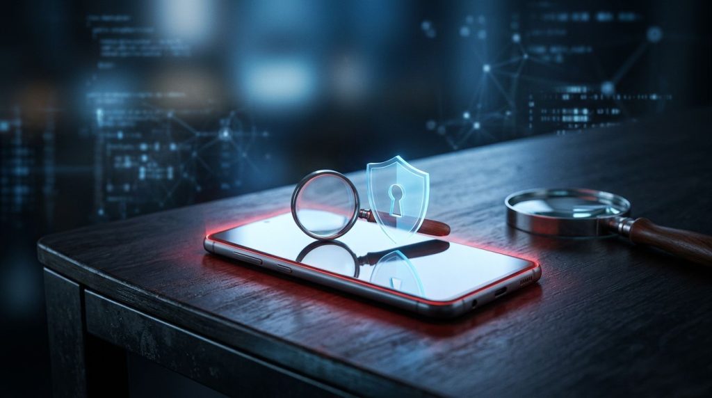 Android phone on a dark desk with a red warning glow and privacy shield reflection.
